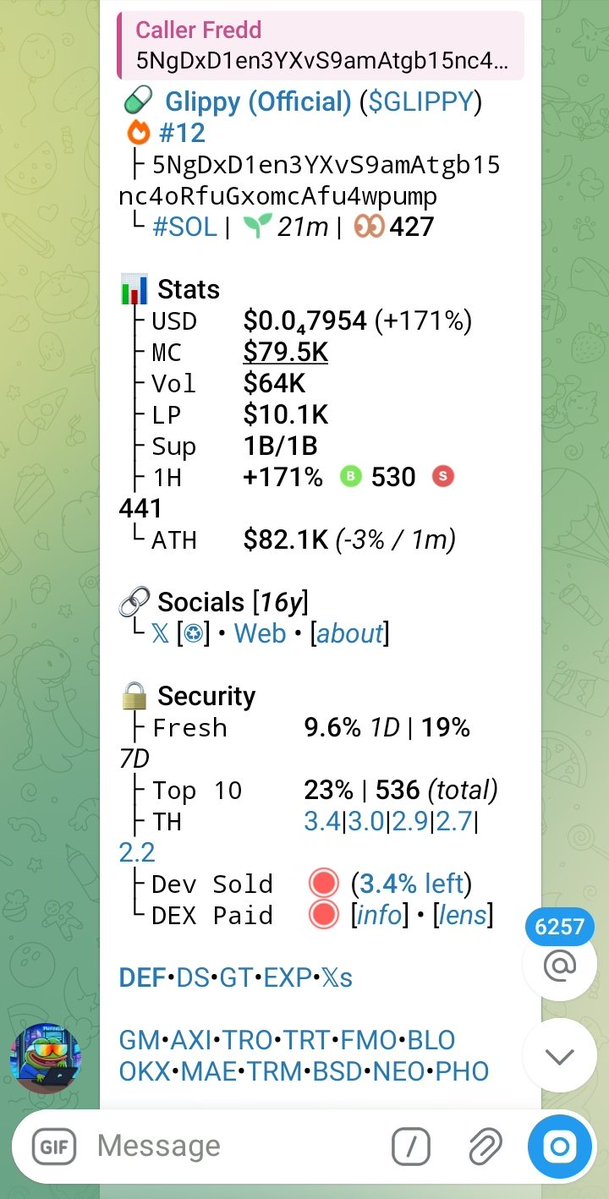 caller_fredd9's tweet photo. 14.1x on my TG call on $GLIPPY

Early ca always on TG group 

Join our VIP group to get early alpha calls on trending memecoins before they take off 

5NgDxD1en3YXvS9amAtgb15nc4oRfuGxomcAfu4wpump

Dm now let's get you started 
https://t.co/1vbymjDoHx

#memecoin #solana #degen https://t.co/E5Kpl5Ipr9