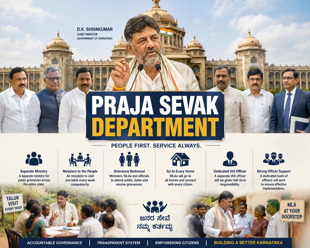 Ggk_here_'s tweet photo. 🚨 Big Update from Karnataka Government!

CM @DKShivakumar announces the launch of the Praja Sevak Department — a dedicated ministry to address public grievances across the state.

✅ Ministers to visit one taluk every week
✅ Direct interaction with citizens
✅ Dedicated IAS officer for monitoring
✅ Governance at people's doorstep