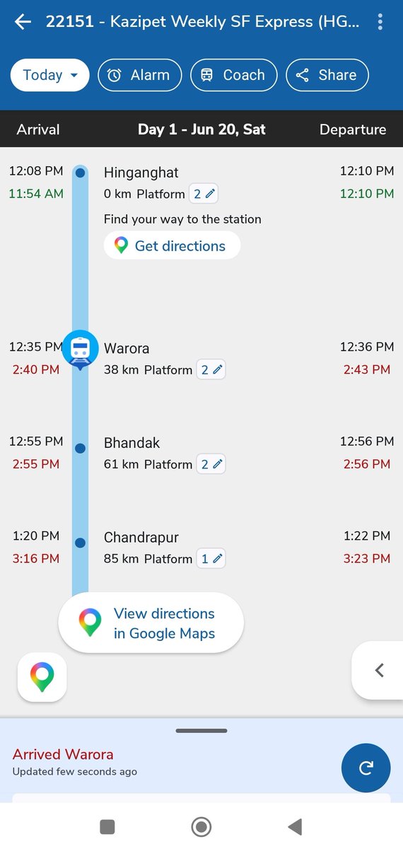 aaseemfarhad's tweet photo. Dear @RailMinIndia and @IRCTCofficial,
Train No. 22151 Kazipet Weekly SF Express is consistently getting delayed by approximately 2 to 2.5 hours between Hinganghat and Warora stations. This has been a recurring issue and causes inconvenience to hundreds of passengers.

#22151 https://t.co/L01NzjZYBo