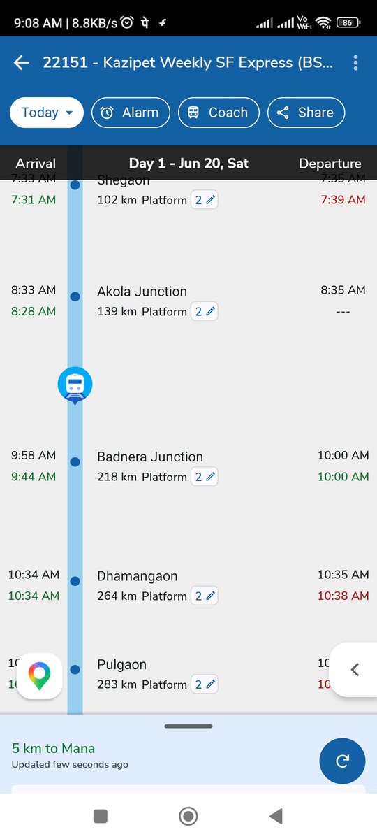 aaseemfarhad's tweet photo. Dear @RailMinIndia and @IRCTCofficial,
Train No. 22151 Kazipet Weekly SF Express is consistently getting delayed by approximately 2 to 2.5 hours between Hinganghat and Warora stations. This has been a recurring issue and causes inconvenience to hundreds of passengers.

#22151 https://t.co/L01NzjZYBo