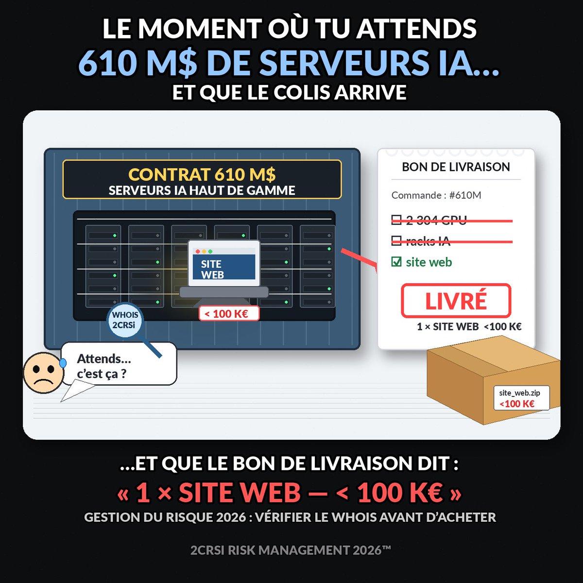 DirkTravelantis's tweet photo. #2CRSi Ces moments dans la vie où ton CEO t’explique que ce ne sont pas 610 M$ de serveurs Blackwell qui ont été livrés…
 mais un site web facturé moins de 100k€.
Là, tu comprends que le vrai data center était peut-être dans le WHOIS depuis le début.

Pas un conseil financier. Juste un moment de risk management.
$2CRSi #RiskManagement