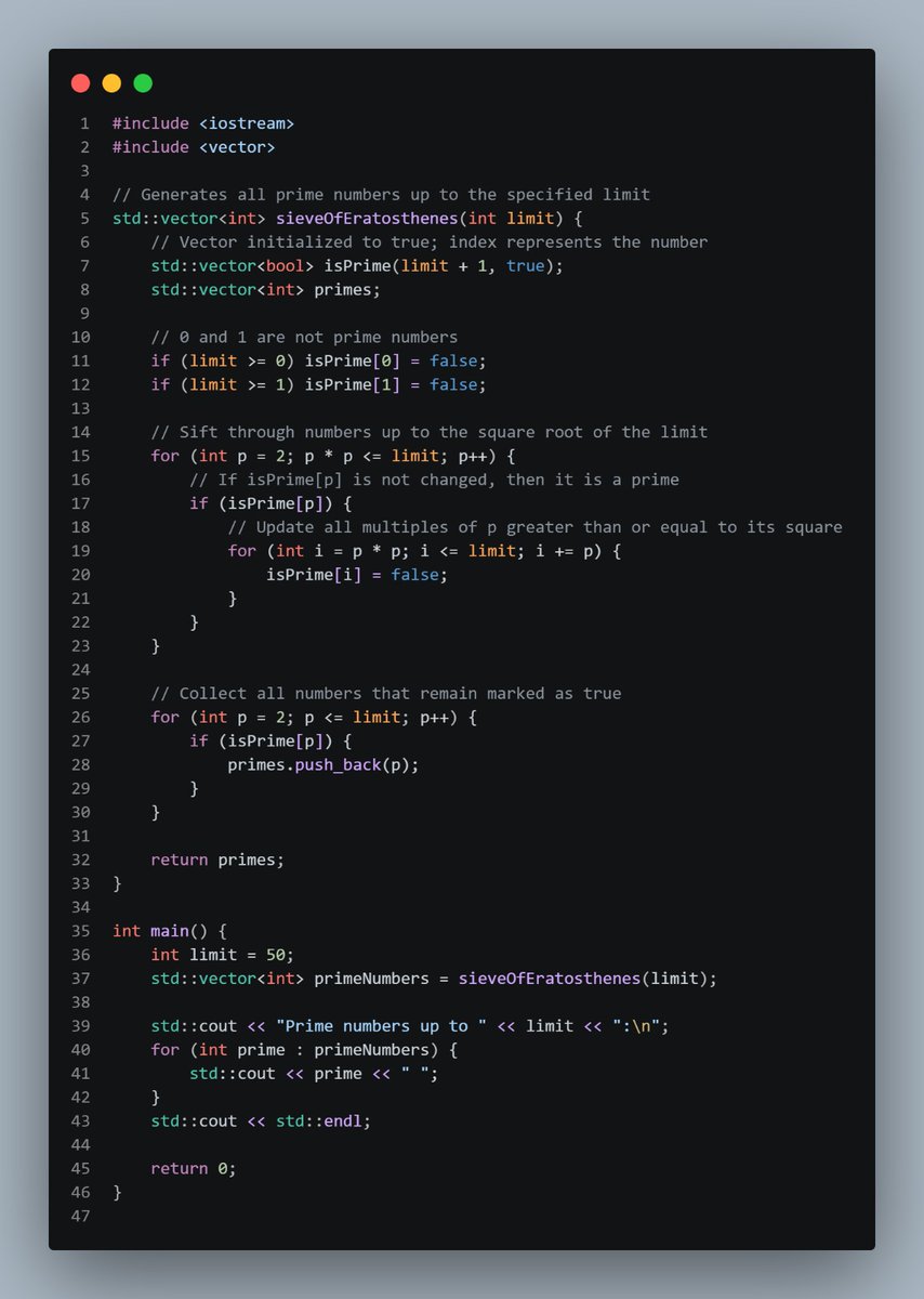 AbdulRasak18268's tweet photo. Prime sifting algorithm using the sieve of eratosthenes successfully built with C++☺️
#robotics #techbro #cpp #TechTrends https://t.co/RyuavpDao4