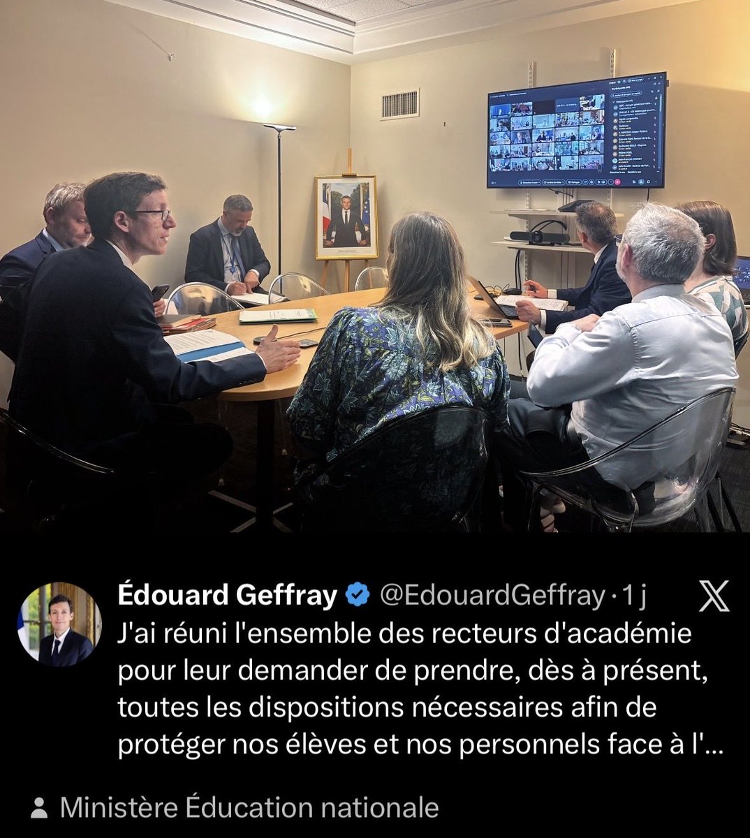 JFaerber's tweet photo. Farce en 2 temps :

le grand délice de ces cellules de crise ministérielles sur la canicule notamment dans l’Éducation nationale consiste à expliquer depuis une salle climatisée pourquoi la clim dans les écoles n’est pas la solution. https://t.co/mI7SG1lQuV