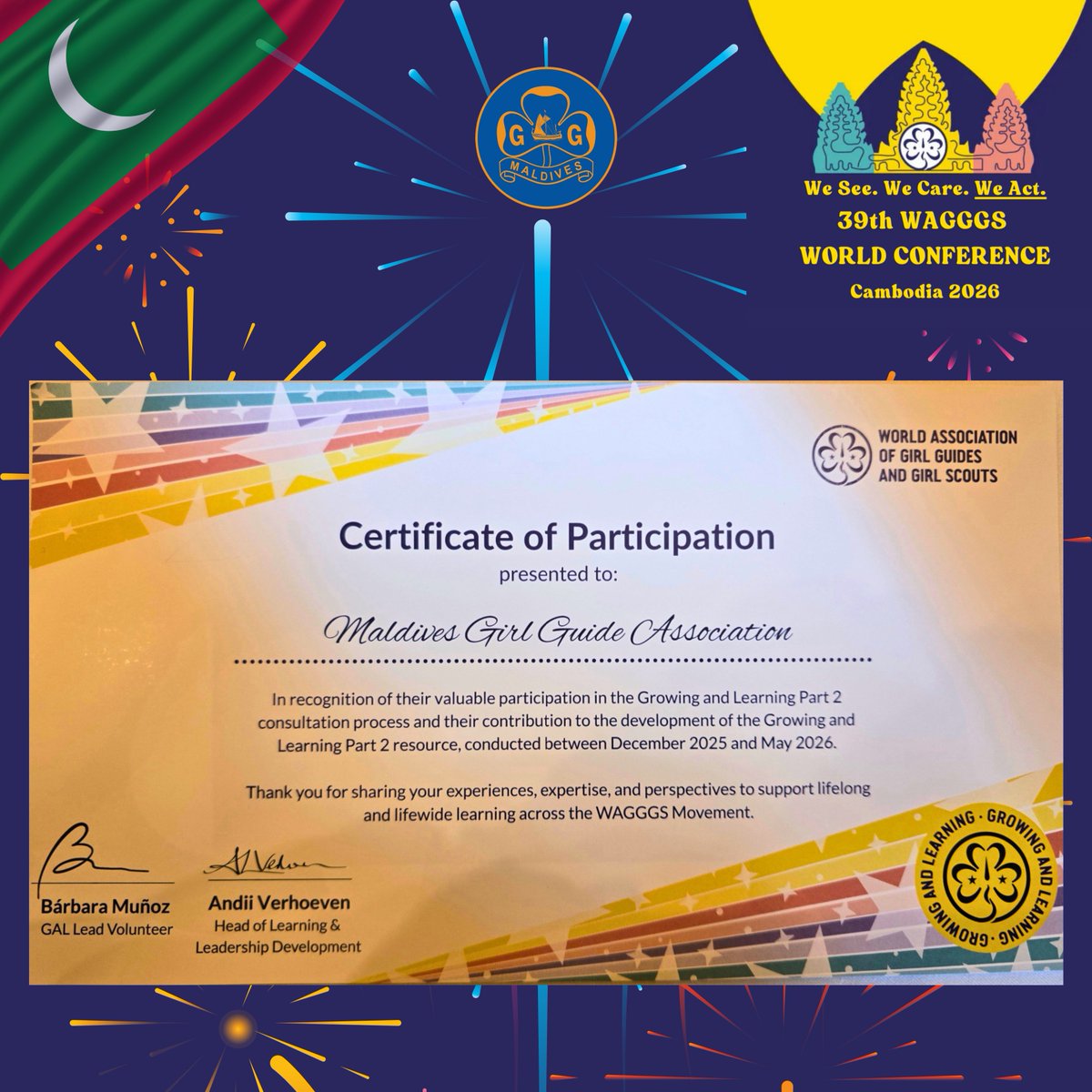 GirlGuidesMv's tweet photo. Certificate of Participation awarded to @GirlGuidesMv by @wagggsworld in recognition of our contribution to the Growing & Learning Part 2 consultation process & resource development.
🌍Proud to contribute. Proud to be recognized.
#GrowingAndLearning #WeSeeWeCareWeAct https://t.co/4xxFeeaGlo