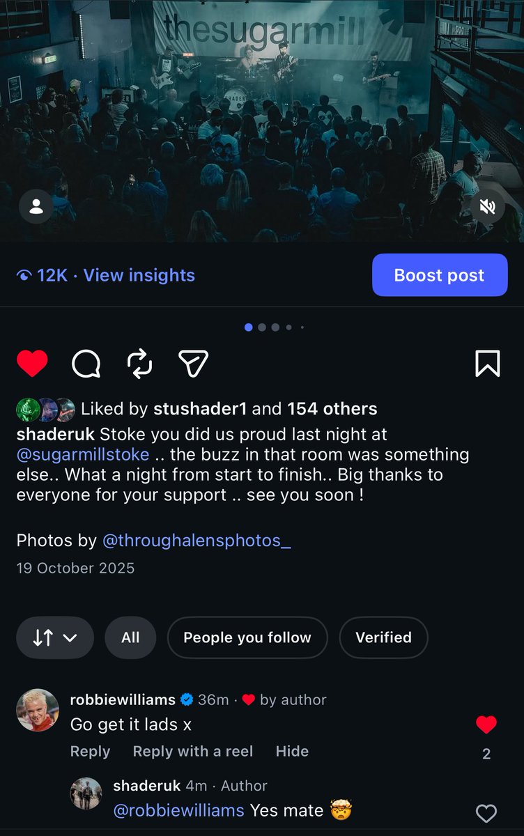 SHADERUK's tweet photo. Surreal moment this morning waking up to a comment from @robbiewilliams 🤯 https://t.co/TlMe2czQij