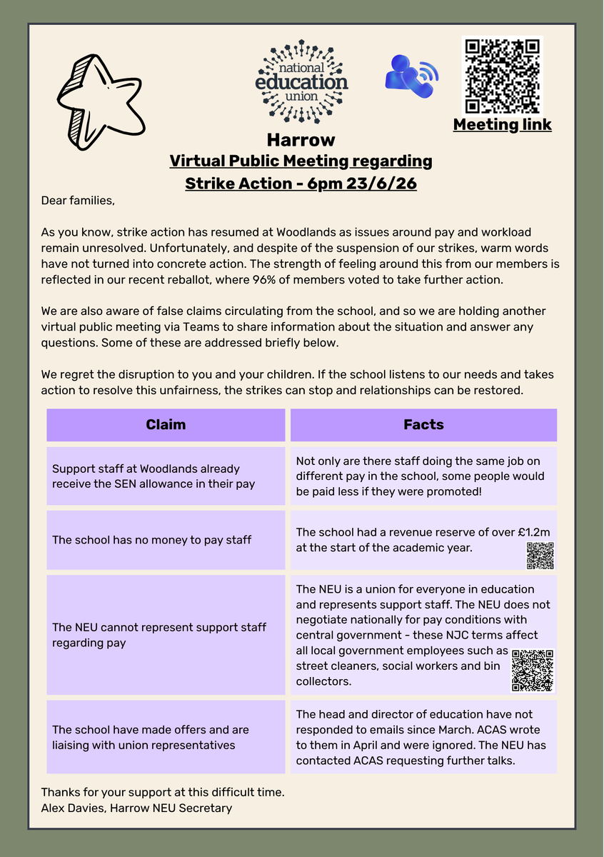 HarrowNeu's tweet photo. Following the resumption of strike action at Woodlands School, Harrow NEU will be hosting a virtual public meeting to discuss the situation and take questions on Tuesday 23rd at 6pm. Link in QR code and next tweet. https://t.co/ByPZOOgzka