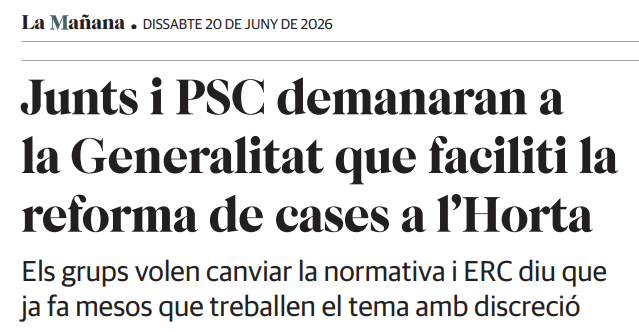 Juanjofalco's tweet photo. Sobre la moció que presentaran els grups municipals de Junts i el PSC relatives als habitatges de l’Horta cal explicar algunes coses.
Presentar ara una moció al ple municipal de Lleida, sense cap valor jurídic, és postureig i populisme, per sortir a la foto.
Aquest és un tema seriós, que afecta famílies, activitat agrària, patrimoni construït i futur de l’Horta amb el que no s’hauria de fer populisme.
Fa tems que @ercpaeria hi treballem amb discreció, culminant aquesta feina discreta amb el registre de dues esmenes a la Llei d’acompanyament dels pressupostos de la Generalitat treballades pel grup parlamentari d’ERC i signades, també, pels Comuns i el PSC, que resoldran definitivament aquesta qüestió.
Obro fil👇