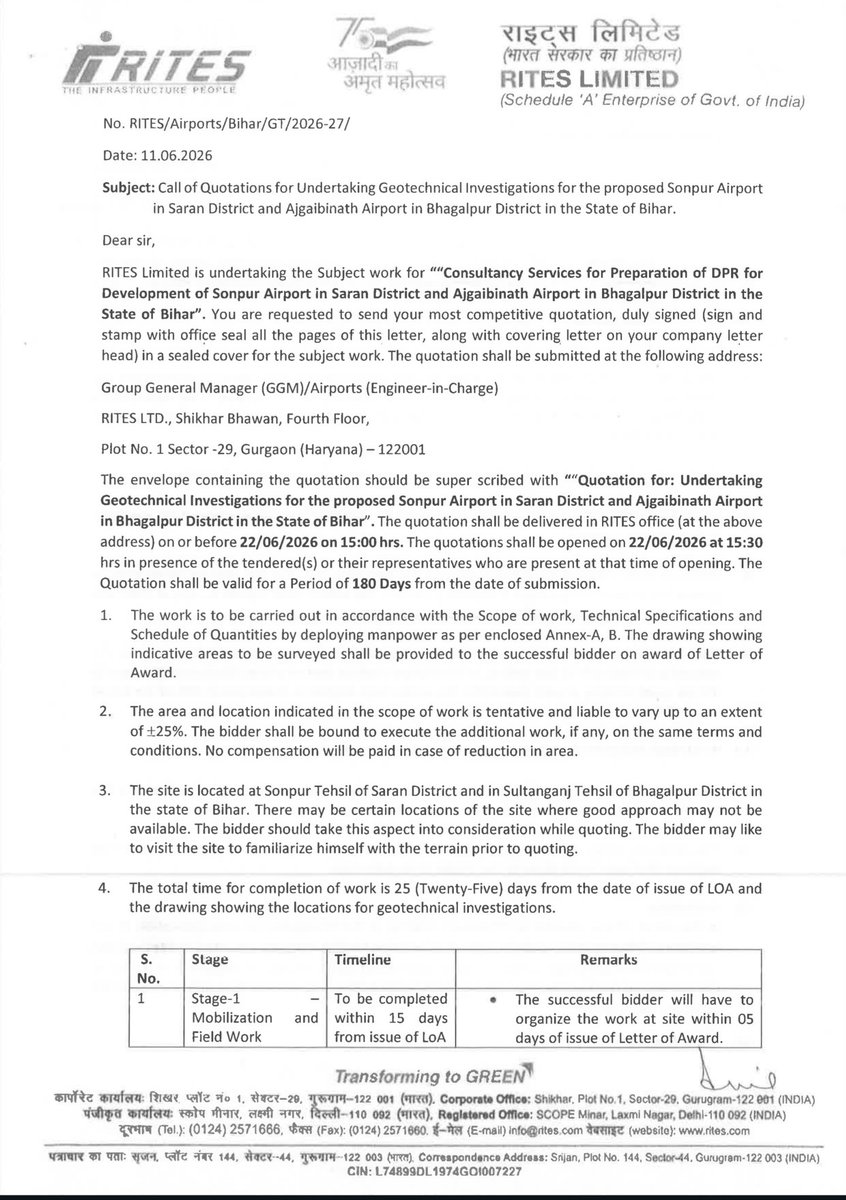BhagalpurIndex's tweet photo. RITES Limited has invited quotations for Geotechnical Investigations of the proposed Greenfield Airports at Ajgaibinath Dham (Bhagalpur) and Sonpur (Saran). https://t.co/j6KsWqhb7k