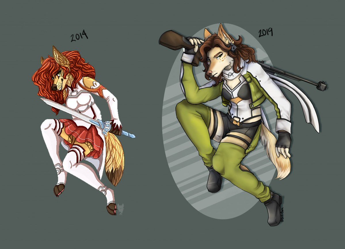 Brit_Bork's tweet photo. This was actually part of a long ongoing "draw this again" trend i started back in 2014 where i draw my sona cosplaying a character from the anime SAO. Its always so much fun seeing art styles change overtime https://t.co/50klfv3FBL