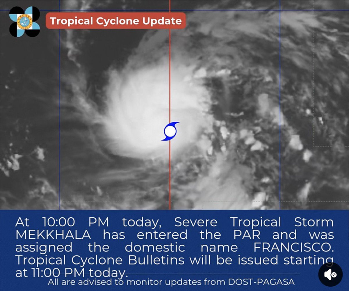 arielrojasPH's tweet photo. JUST IN: Severe tropical storm Mekkhala entered the Philippine area of responsibility at 10 p.m. Saturday and was assigned the local name #FranciscoPH, according to @dost_pagasa. https://t.co/EdqLN6URZQ