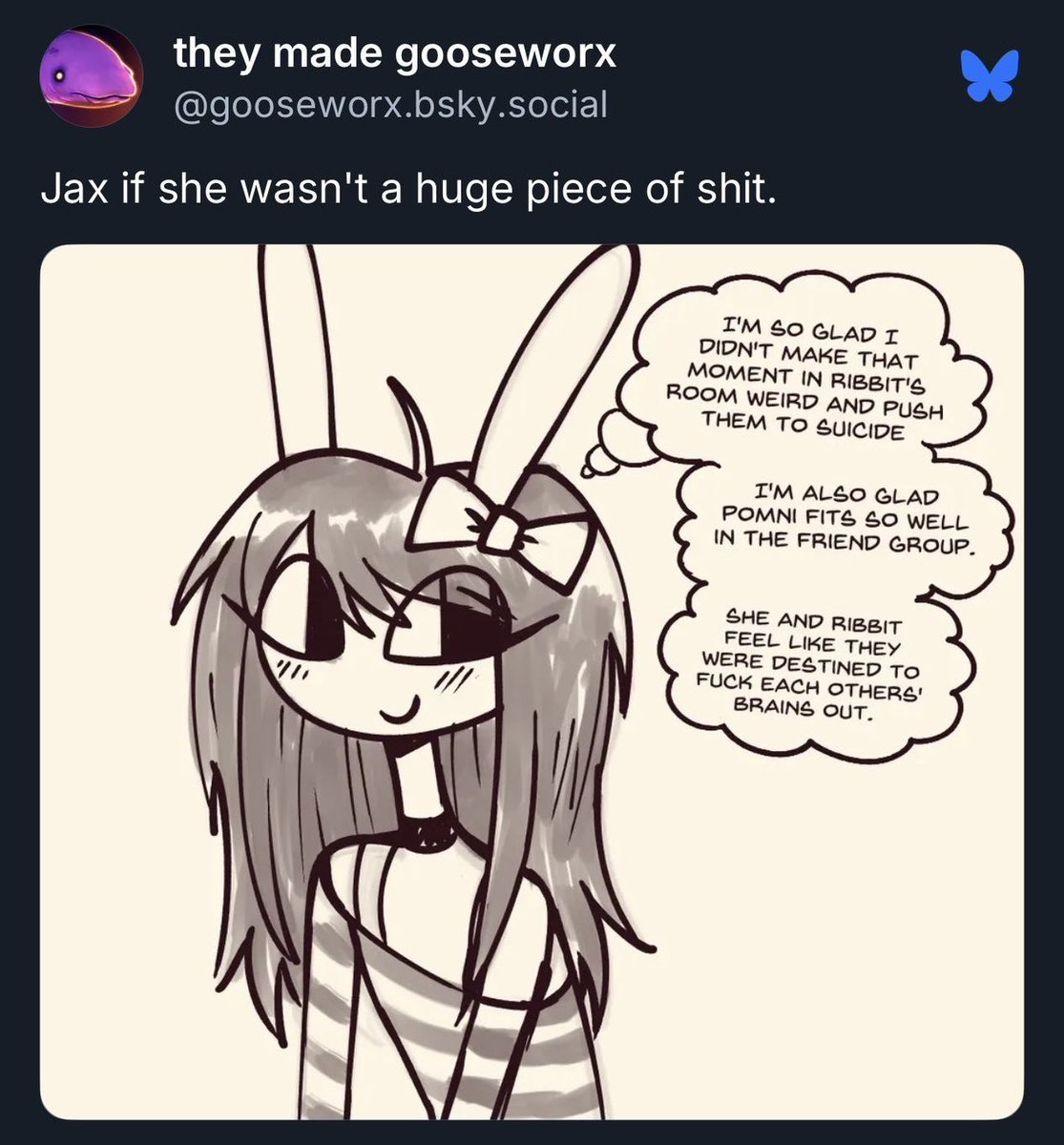Mikansita's tweet photo. Gracias Goose por hacer a Jax una chica transfem lesbiana y encima cuck https://t.co/jG9adUe0MC