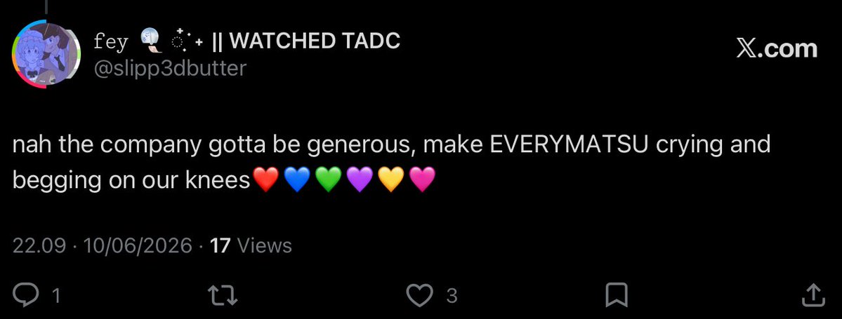 𝚏𝚎𝚢 🎐 ๋࣭ ࣪ ˖ || WATCHED TADC tweet media