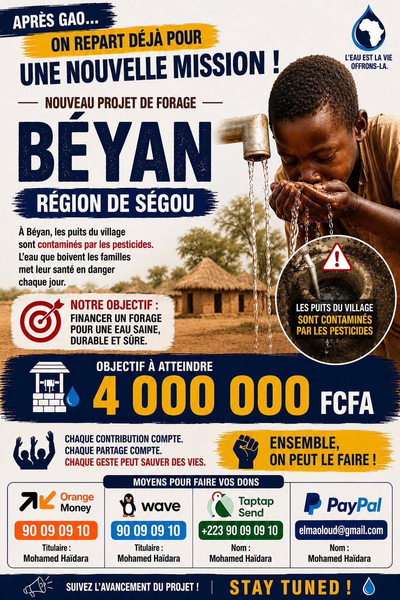 elmaoloud's tweet photo. Salam Aleykoum, 
Après Gao… on repart déjà pour une nouvelle mission.

Cette fois, direction le village de Béyan, dans la région de Ségou.

Là-bas, la situation est critique : les puits du village sont contaminés par des pesticides, rendant l’eau impropre à la consommation. https://t.co/Yrde8n3gLu