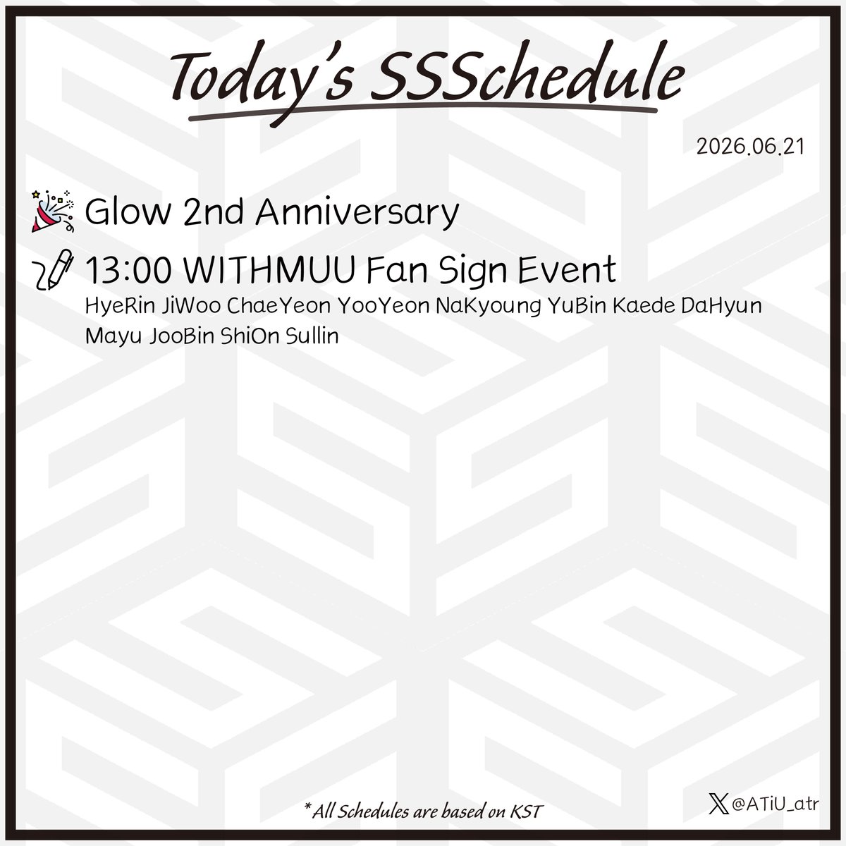 ATiU_atr's tweet photo. Today's #SSSchedule
2026.06.21
#트리플에스 #tripleS #トリプルS https://t.co/2qjI8VKuQY