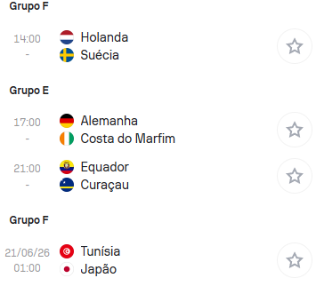 CentralDoBrega's tweet photo. Jogos de hoje na COPA DO MUNDO!

- Holanda x Suécia 🇳🇱🇸🇪
- Alemanha x Costa do Marfim 🇩🇪🇨🇮
- Equador x Curação 🇪🇨🇨🇼
- Tunísia x Japão 🇹🇳🇯🇵

ÓTIMO dia de futebol. https://t.co/JtEAWIDgQx
