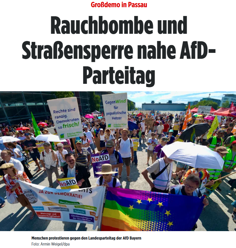 PeterBorbe's tweet photo. Immer wieder das gleiche Bild: Die AfD kommt ihrer gesetzlichen Pflicht nach, Parteitage abzuhalten, in diesem Fall der Landesverband Bayern in #Passau. Und schon marschieren Tausende Linksextremisten auf, Krawall inklusive.
Gleichzeitig kann "Die Linke" in Potsdam vollkommen unbehelligt ihren Bundesparteitag abhalten. Wäre die "Gefahr von rechts" wirklich so groß, müssten dort doch auch Rechte randalieren, oder?
https://t.co/p6GjJIwLFq