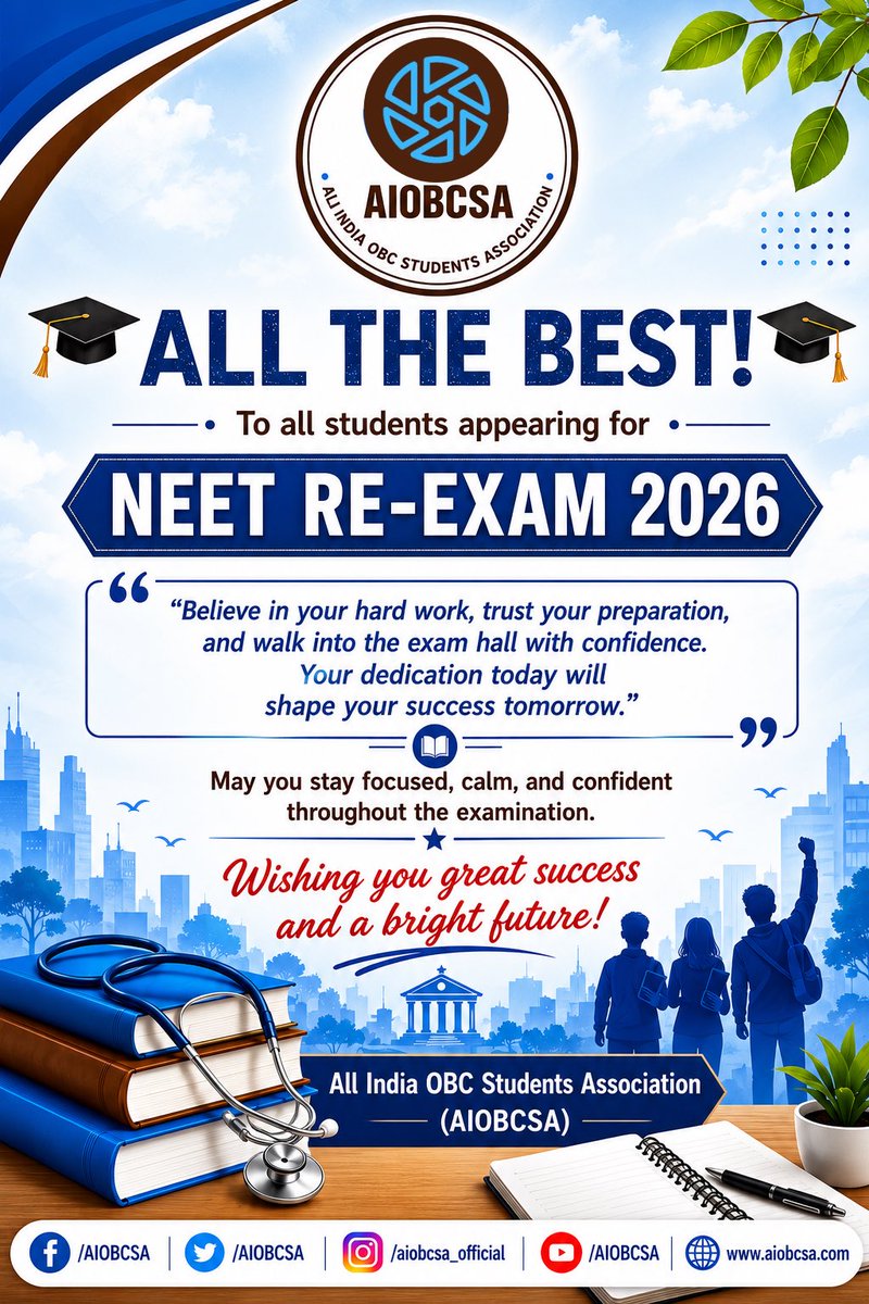 AIOBCSA_Team's tweet photo. All the best to all students writing NEET Re-Exam 2026. We demand the Union and State Governments to make all necessary arrangements for students to write exams with out any issues. 

#NEET https://t.co/d7wh5N9FBj