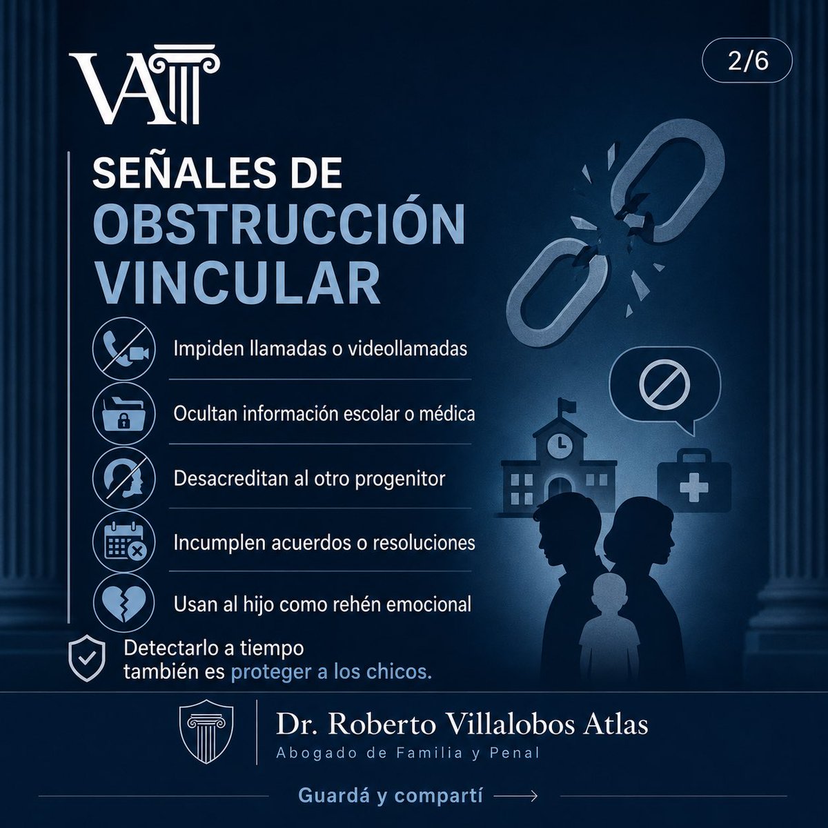 VillalobosAtlas's tweet photo. CUANDO UN HIJO QUEDA ATRAPADO EN UNA GUERRA DE ADULTOS, EL DAÑO NO TERMINA EN EL EXPEDIENTE: EMPIEZA EN SU INFANCIA.

Obstrucción de vínculos familiares: el dolor invisible de los hijos usados en conflictos de adultos

Cuando un padre no puede ver a su hijo, no siempre hay abandono.
Cuando un hijo no puede abrazar a su papá, no siempre hay desinterés.
Muchas veces hay un conflicto de adultos, una separación destructiva, denuncias cruzadas, violencia, manipulación, impedimentos de contacto y una infancia atrapada en medio de una guerra que no eligió.

La obstrucción de vínculos familiares no daña solamente a un padre o a una madre.
Daña la identidad, la historia, la estabilidad emocional y el derecho de los niños, niñas y adolescentes a crecer vinculados con quienes los aman.

En los procesos de familia de alto conflicto, cada día perdido importa.
Cada cumpleaños ausente, cada llamada bloqueada, cada visita impedida, cada información médica o escolar ocultada, deja marcas.

Como abogado penal y de familia, veo una realidad que muchas veces se naturaliza: niños usados como rehenes emocionales, falsas denuncias instrumentalizadas, violencia familiar, obstrucción vincular, sustracción internacional de niños, alienación parental, revinculaciones demoradas y vínculos que el tiempo empieza a romper.

No se trata de defender adultos.
Se trata de proteger infancias.

Compartí este carrusel para que esta problemática deje de estar en silencio.
Porque visibilizar también es defender derechos.

Dr. Roberto Villalobos Atlas
Abogado Penal y de Familia
Obstrucción de vínculos familiares | Alto conflicto | Derecho de familia | Penal familiar | Niñez y adolescencia

#ObstruccionDeVinculos #DerechoDeFamilia #AbogadoDeFamilia #AbogadoPenal #PenalFamiliar #FalsasDenuncias #ViolenciaFamiliar #AlienacionParental #SustraccionInternacionalDeNiños #RegimenDeComunicacion #Revinculacion #NiñezYAdolescencia #InteresSuperiorDelNiño #DivorciosConflictivos #AltoConflictoFamiliar #RobertoVillalobosAtlas #ArgentinaDeLey