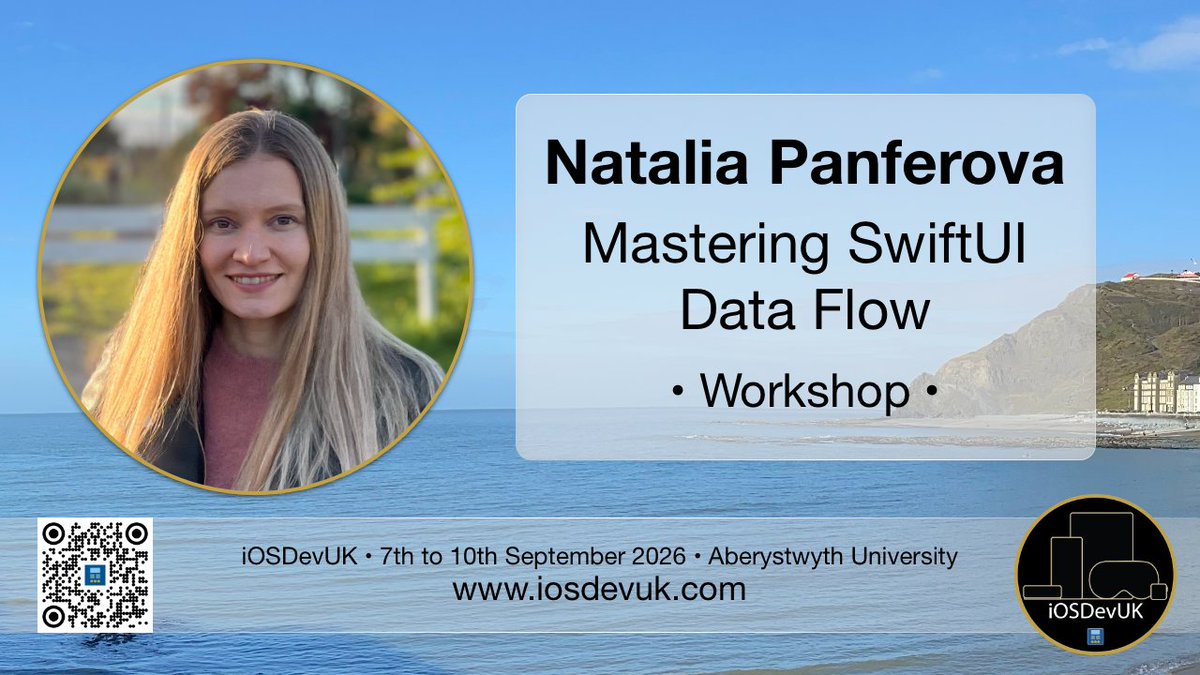 natpanferova's tweet photo. Excited to share that I'll be running a SwiftUI workshop at iOSDevUK this September!

Really looking forward to attending the conference, meeting everyone, and spending some time in Aberystwyth. Hope to see you there! https://t.co/jMN4G3kRVz