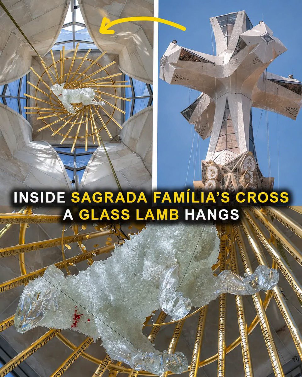 FGenteroyJr's tweet photo. Inside the highest cross of the Sagrada Família, a glass Lamb now hangs.

The sculpture represents the Agnus Dei, or Lamb of God, and is placed inside the upper arm of the Cross on the Tower of Jesus Christ.

Made of glass and surrounded by golden rays, it follows the idea Gaudí left for the centre of the cross — a detail most people will never notice from the street below.