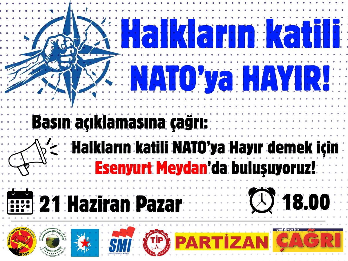 istanbulsmi's tweet photo. Halkların katili NATO’ya hayır demek için Esenyurt Meydan’da buluşuyoruz.

📅 21 Haziran Pazar
⏱️ 18.00
📌 Esenyurt Meydan https://t.co/MK2g0dnslH