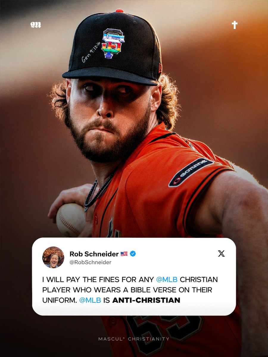 masculchristian's tweet photo. After several San Francisco Giants pitchers faced backlash for writing Bible verses on their Pride caps, Rob Schneider announced that he would pay any fines for Christian MLB players who wear Bible verses on their uniforms. 

#RobSchneider #MLB #Baseball #Christianity #News https://t.co/FrAMZbIgCi