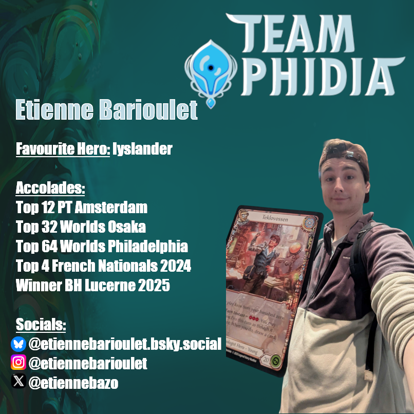 TeamOphidia's tweet photo. Etienne may well be the recordman for the longest FaB delay as he had to replace a Fyendal's Spring Tunic in the middle of the Pro Tour Amsterdam. This story has a good ending though, as he still placed 12th, and has been consistent on the highest tier of FaB ever since ! #fabtcg https://t.co/smZ0KNgPdf