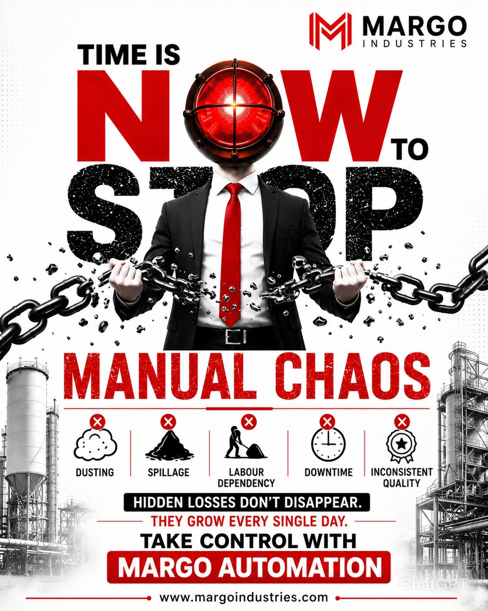 MargoInd's tweet photo. Manual handling looks simple—until hidden losses pile up. Spillage, dust, delays, quality variations & manual dependency all impact productivity. Control every step with Margo Automation. #Automation #MaterialHandling #IndustrialAutomation #ProcessAutomation #MargoIndustries https://t.co/oGlHUfEHAE