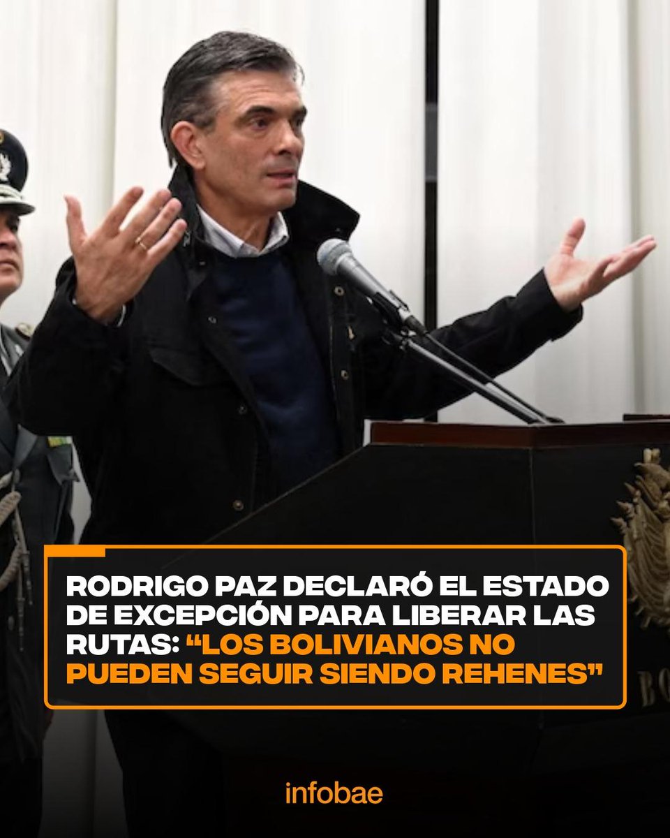 infobaeamerica's tweet photo. Rodrigo Paz declaró el estado de excepción para liberar las rutas: “Los bolivianos no pueden seguir siendo rehenes” https://t.co/IBZrbsbZ61 https://t.co/Z4GsSoKsLR