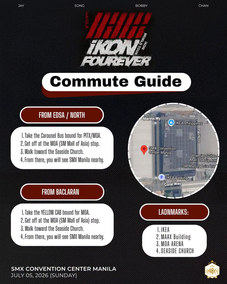 withiKON_PH's tweet photo. Heading to SMX? Here’s a quick commute guide for our fellow iKONICS traveling from both the North and South. 🚌✨

Prefer a faster ride? A motorcycle is always a great option too! 🏍️

Got more commute tips or travel hacks? Share them in the comments and help fellow iKONICS get there with ease! 👇

Secure your tickets now at https://t.co/ScL1D7vpjf

#iKONinMANILA #iKON_FOUREVER_TOUR #iKON #아이콘
@iKONIC_143 @banyakbagusent