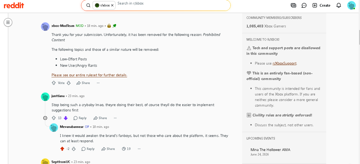 ferdy77u's tweet photo. Don't post anything negative on the toxic official Xbox subreddit (https://t.co/eHbgqsA6gS) or the fanboys and moderators will jump in and take down your post. Here's the link: https://t.co/8D7Lyp9Ds5 https://t.co/kgljQfYPxF
