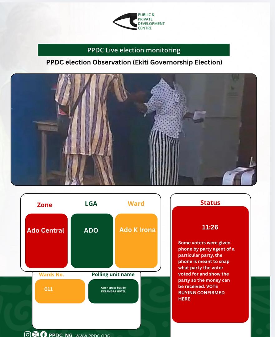 PPDC_ng's tweet photo. 🚨 VERIFIED FROM THE FIELD

Our observers documented an incident at a polling ward where voters were reportedly asked to use mobile phones to photograph their ballots as proof of voting in exchange for payment.

The video attached to this post shows part of the process as observed on the ground. We are monitoring the situation and documenting all relevant details for public record.

#EkitiDecides2026 #ElectionObservation #ElectionWatch
#ppdcng
