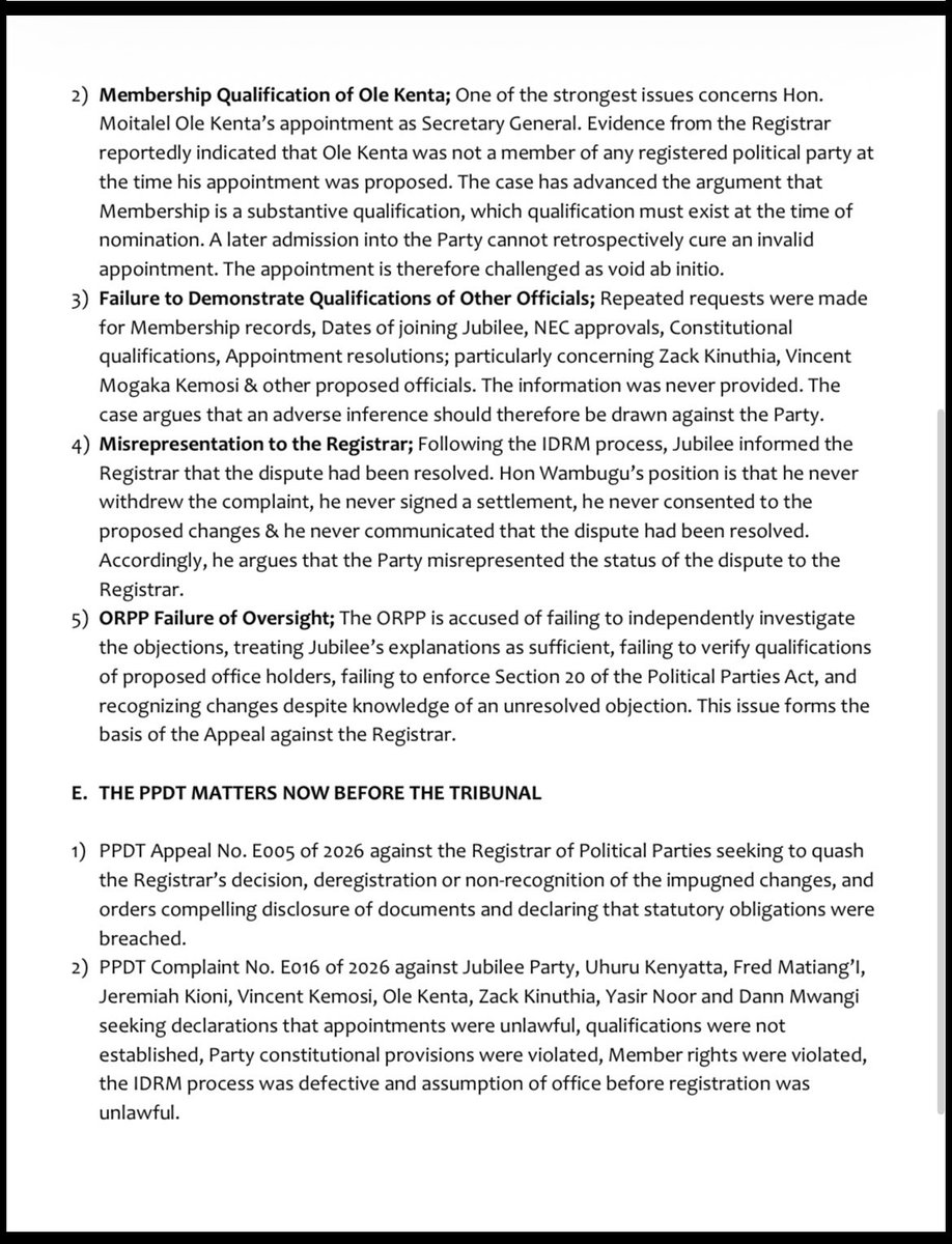 ngunjiriwambugu's tweet photo. UPDATE; NGUNJIRI Vs JUBILEE PARTY / ORPP
Nairobi, Kenya – 20th June 2026

As you are aware I have moved to the Political Parties Disputes Tribunal (PPDT) to challenge recent leadership changes within Jubilee Party & the decision by the Registrar of Political Parties to recognize those changes.

This is after months of seeking answers on the qualifications of proposed officials, the authority under which appointments were being made & the constitutional processes being followed. 

Those answers were never provided. 

At the PPDT I am seeking answers to 3 simple questions;

1. Were Jubilee’s recent leadership changes lawful?

2. Did some officials begin acting in office before the legal process was completed?

3. Did the Registrar properly discharge his oversight role?

Evidence before the Tribunal raises serious concerns that some officials may have acted, introduced and celebrated themselves in office way before the statutory process had been concluded.

My case also challenges the claim that a dispute had been resolved when no withdrawal, settlement or consent had been given by the complainant.

Of great importance is the fact that this is not a fight against Jubilee. It is a fight for Jubilee. It is a fight for transparency. It is a fight for accountability. And it is a fight for the rights of ordinary party members.

If the Constitution matters, it must matter inside political parties. If the law matters, it must matter inside political parties. If members matter, then their voices must be heard.

Political parties cannot preach democracy in public while practicing secrecy in private. No Party Can Demand Democracy While Denying It To Its Own Members.”

Ultimately the case asks whether Jubilee Party leaders can appoint officials, allow them to function in office before approval, refuse to disclose information to members & then rely on ORPP registration to retrospectively legitimize the process. 

That is why I am at the Tribunal.

HON. NGUNJIRI WAMBUGU, CBS
Jubilee Party Member JP 1116789

————

For those interested in the full details attached is a 4-page summary of the case so far.