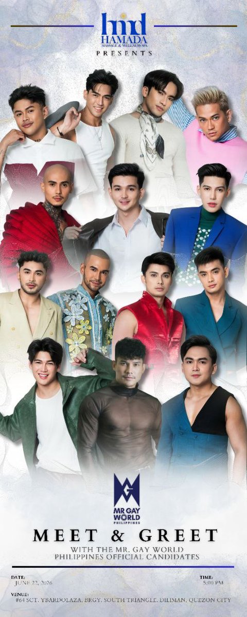 Hamadasspa's tweet photo. 🌈 An Evening of Pride and Inspiration
Meet the remarkable men competing for the prestigious title of Mr. Gay World Philippines 2026 🌈

Join us at Hamada for the Official Meet &amp; Greet and celebrate diversity, confidence, and empowerment.

📞 0962-262-3247 | Reserve now!

#Hamada https://t.co/eRxLq653WL