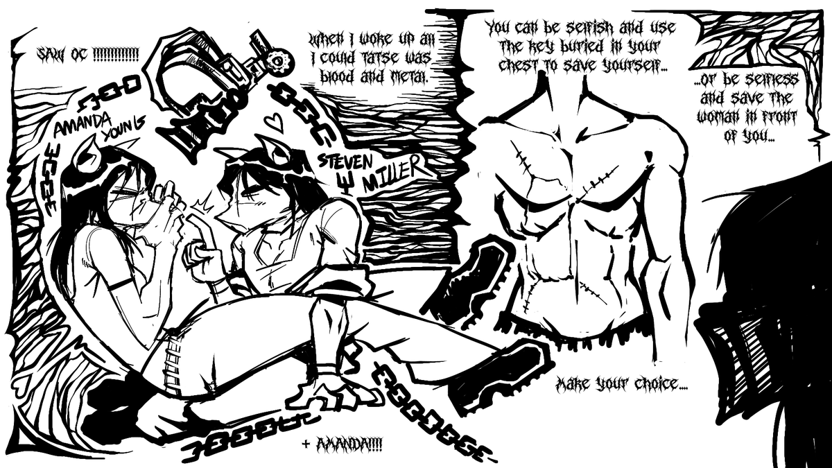 Rafgarn's tweet photo. Amanda + Steven (OC)

In this world, Steven's trial involves Amanda, Steven has been very selfish and is tested based on his character.  He and Amanda are both trapped with reverse beartraps on there heads. Steven is given a proposition, to save himself or save Amanda. https://t.co/wVkhq3Vopb