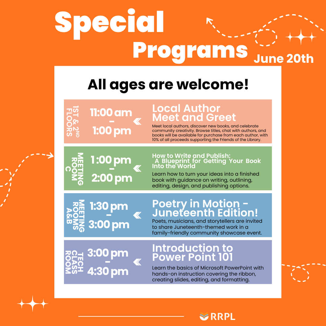 RoundRockPL's tweet photo. ✨ TODAY at #MYRRPL! ✨
📖 Local Author Meet & Greet
11 AM–1 PM | Lobby & 2nd Floor
✍️ How to Write and Publish
1–2 PM | Meeting Room C
🎤 Poetry in Motion – Juneteenth Edition
1:30–3:30 PM | Meeting Room A & B
🤖 Intro to PowerPoint 101
3–4:30 PM | Tech Class
See you! https://t.co/RbnCPp5o8L