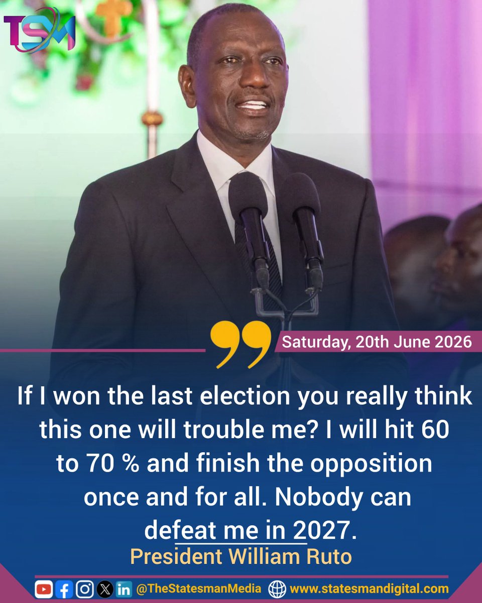 VarsityEdu's tweet photo. "If I won the last election you really think this one will trouble me? I will hit 60 to 70 % and finish the opposition once and for all. Nobody can defeat me in 2027."~ President William Ruto warns opposition https://t.co/WK5BImJ5se