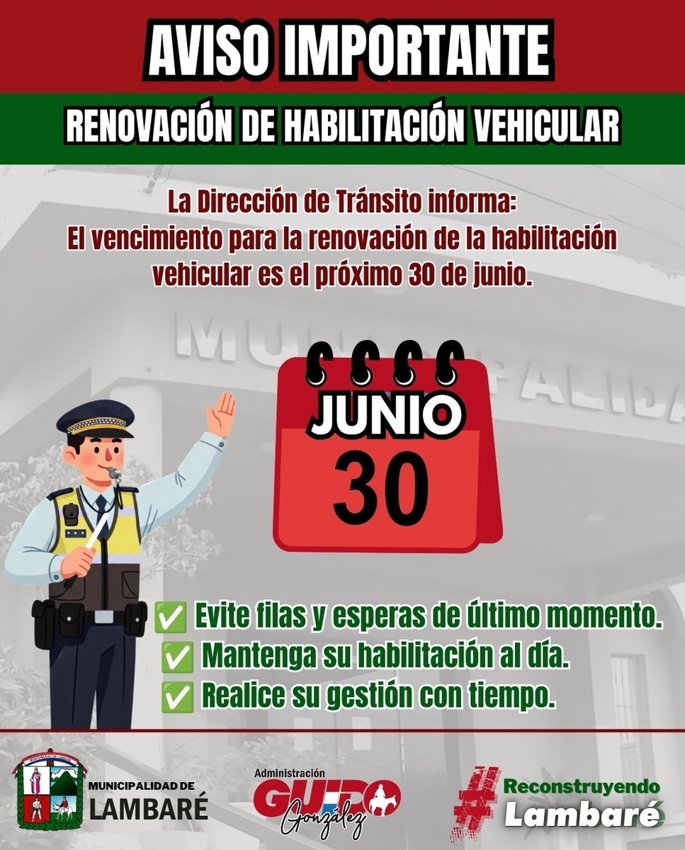lambareciudad's tweet photo. 🚗🚛 ¡A T E N C I Ó N!

El próximo 30 de junio, vencimiento de patente de rodados. No dejes para el último día realizar tus trámites. Evita momentos incómodos, te esperamos!! De Lunes a Viernes de 7 a 15 horas, Sábados de 7 a 12 horas.

#GuidoIntendente 
#ReconstruyendoLambaré https://t.co/KrReZzolSt