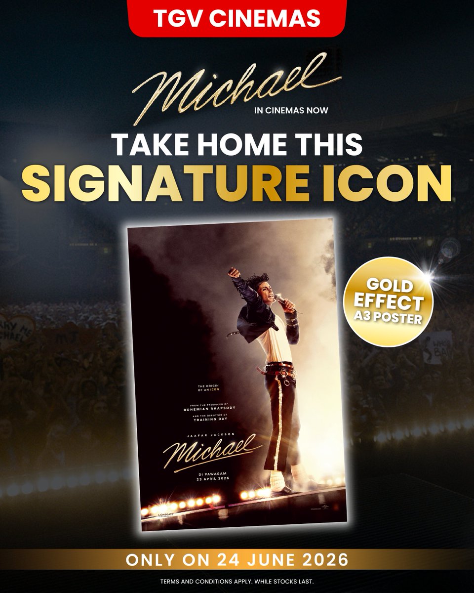 TGVCinemas's tweet photo. SURPRISE!!! 🎉 We've got a FINAL present for everyone attending the MJ Finale Tribute Fans Party on 24 June 2026! 😏

EVERYONE WHO BOOKS TICKETS TO OUR FINALE TRIBUTE ON 24 JUNE, WILL GET (YES YOU WILL GET) A SPECIAL A3 GOLD EFFECT POSTER 🪩🕺🏽

CELEBRATE HOW IT'S MEANT TO BE CELEBRATED! 🖤

There's still some seats left, go get your tickets NOW 🎟️ https://t.co/svrSPrwxuo

#CONCERTSatTGV #MichaelJackson #Michael #KingOfPop