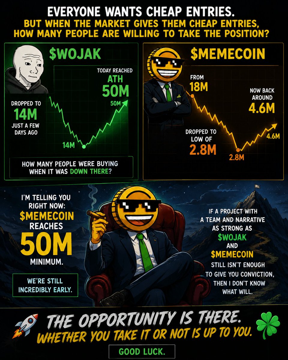 ruth_harty's tweet photo. Everybody wants the 10x.

Nobody wants to buy when fear is everywhere.

$WOJAK was sitting at 14M MC days ago. Today it's at a fresh ATH near 50M.

$MEMECOIN nuked from 18M all the way to 2.8M. Now it's already back around 4.6M.

This is exactly how big winners are built.

I'm on record saying $MEMECOIN goes to 50M+ at least.

We're still early.

If you're still scared to buy a project with this level of team, community, and narrative after a 85%+ drawdown, then you're probably going to end up buying much higher.

The market rewards conviction, not comfort.

See you at higher levels.