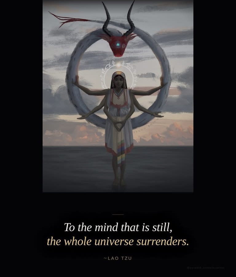 maximumpain333's tweet photo. THE MIND THAT IS ALWAYS MOVING CANNOT RECEIVE ANYTHING

Most people experience the mind as a constant stream of noise, commentary, analysis, memory, anticipation, judgment. This stream is so continuous that most people have never experienced a genuine gap in it. 

They have confused the noise for thinking, and thinking for intelligence. What Lao Tzu was pointing at is something that precedes thought, the ground of awareness in which thought arises and to which it returns. 

It is not emptiness in the sense of absence. It is the stillness that makes everything else possible.

The Taoist tradition understood wu wei, non-action, effortless action, not as passivity but as the state in which the individual will becomes aligned with the natural movement of things. 

The river does not force its way to the sea. It follows the path of least resistance because it has no resistance of its own. The mind that is still does not conquer reality. It moves with it. And in that movement, without effort, without friction, things arrive.

The Sufi masters described this as the polished heart, the inner surface that, when cleared of the noise of the nafs, the lower self, becomes a mirror for divine reality. What the mirror reflects is not what it produces. It receives. 

The capacity to receive is precisely what the restless mind has lost. Jung described the unconscious as a source of guidance and wisdom that the conscious mind can only access when it stops insisting on its own agenda long enough to listen.

Stillness is not the absence of power. It is the condition in which power becomes available.

When did you last experience a moment of genuine inner silence, and what did you find there?

~ Pyramid Consciousness

✨🙌🏾💫

Artist © Jarod Smith