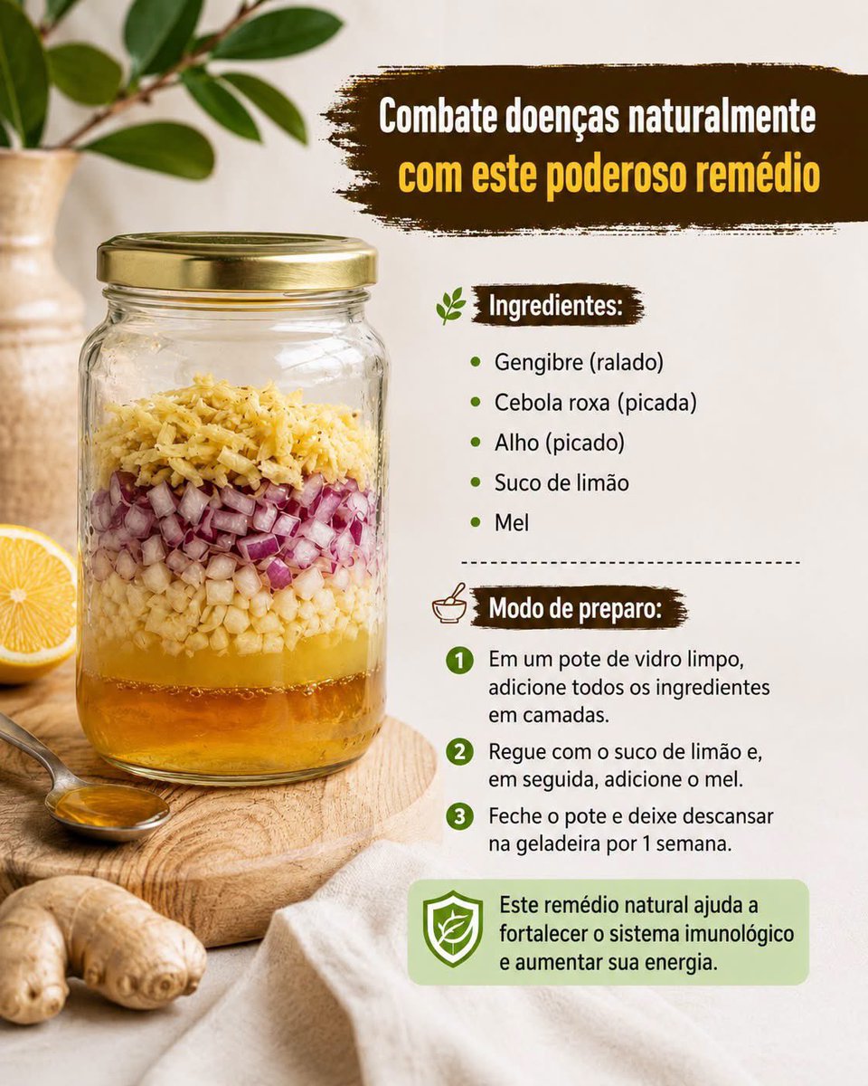 DaAcervo's tweet photo. A combinação de gengibre, cebola roxa, alho, limão e mel é uma receita tradicional muito popular entre aqueles que procuram alternativas naturais para complementar um estilo de vida saudável. 

Esses ingredientes são conhecidos por suas propriedades nutricionais e pela presença de compostos antioxidantes que contribuem para o bem-estar geral.