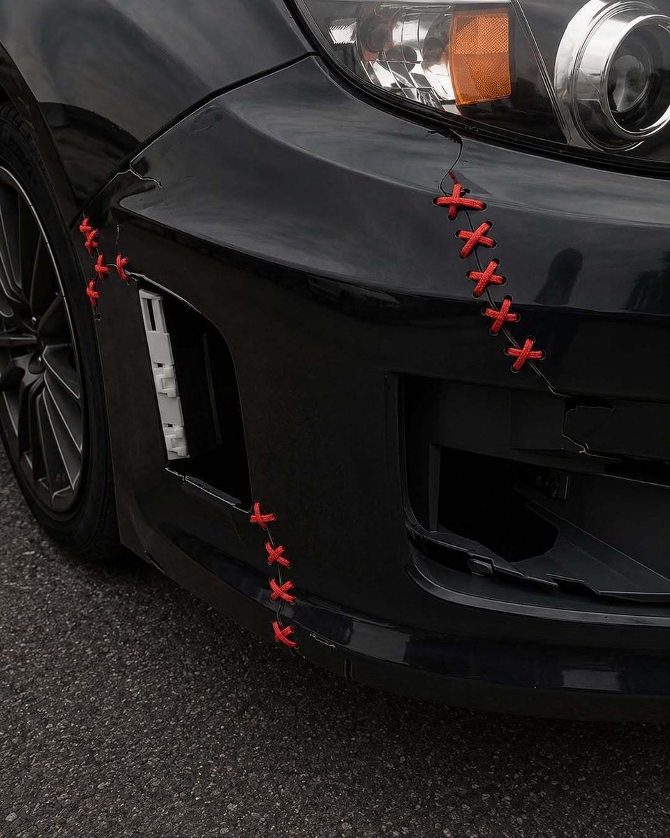 rogue's tweet photo. Drift stitching is a popular DIY automotive repair technique where zip ties, wires, or metal clips are laced through drilled holes to temporarily hold cracked bumper panels together https://t.co/03eMt8BJeF