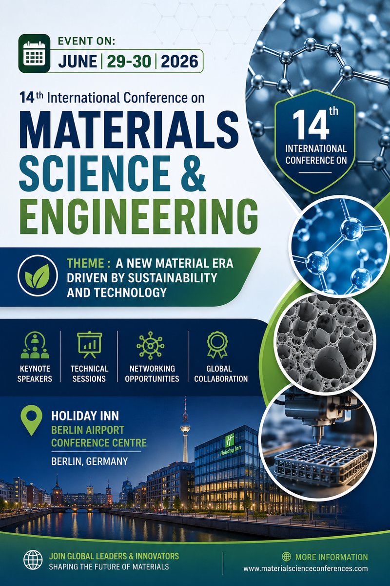 2020_crg's tweet photo. #MaterialsScience #MaterialEngineering #Nanotechnology #AdvancedMaterials #Biomaterials #EnergyMaterials #Engineering #Research #Innovation #Berlin #Germany #Conference #AcademicConference #Scientists Materials Science &amp; Engineering 2026
https://t.co/41us0JCCOr https://t.co/WXHNlzooC9