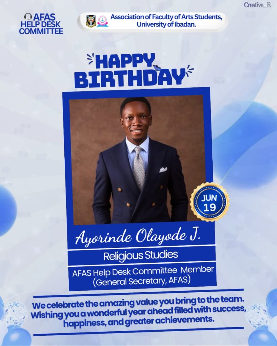 FreshYo_06's tweet photo. 🎉Happy Birthday to our General Secretary!🎉

​Today, the Association of Faculty of Arts Students (AFAS) and the AFAS Help Desk Committee celebrate an incredible leader, Ayorinde Olayode p. k. a FRESHYO 

​Thank you for your dedicated service, leadership, and the amazing value https://t.co/6VVUoOU5Zv