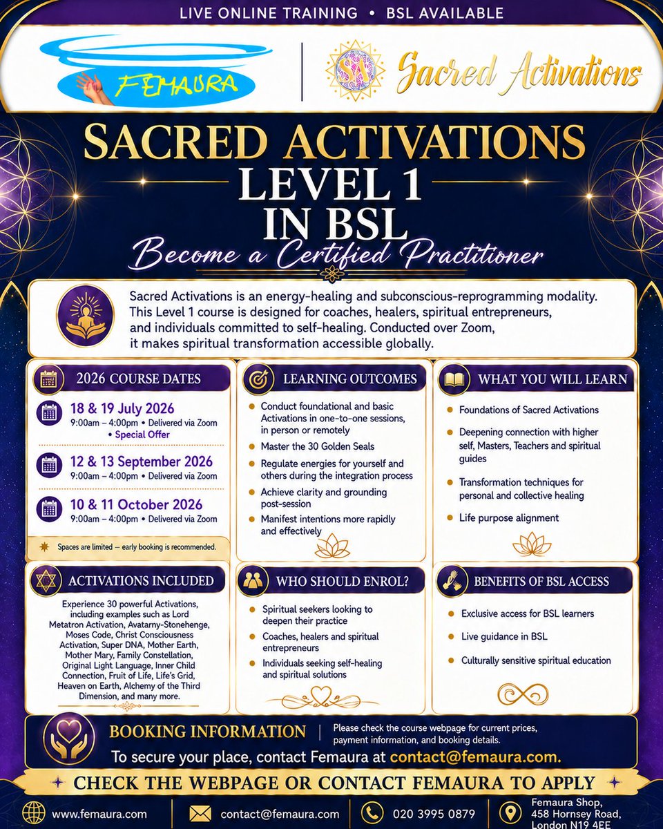Femaura's tweet photo. 🌟 Sacred Activations Level 1 in BSL is available live online via Zoom in 2026. Learn the foundations, 30 Golden Seals Activations, and how to begin one-to-one practice. July course includes a Special Offer.
#SacredActivations #BSL https://t.co/xQNf8SPSTu