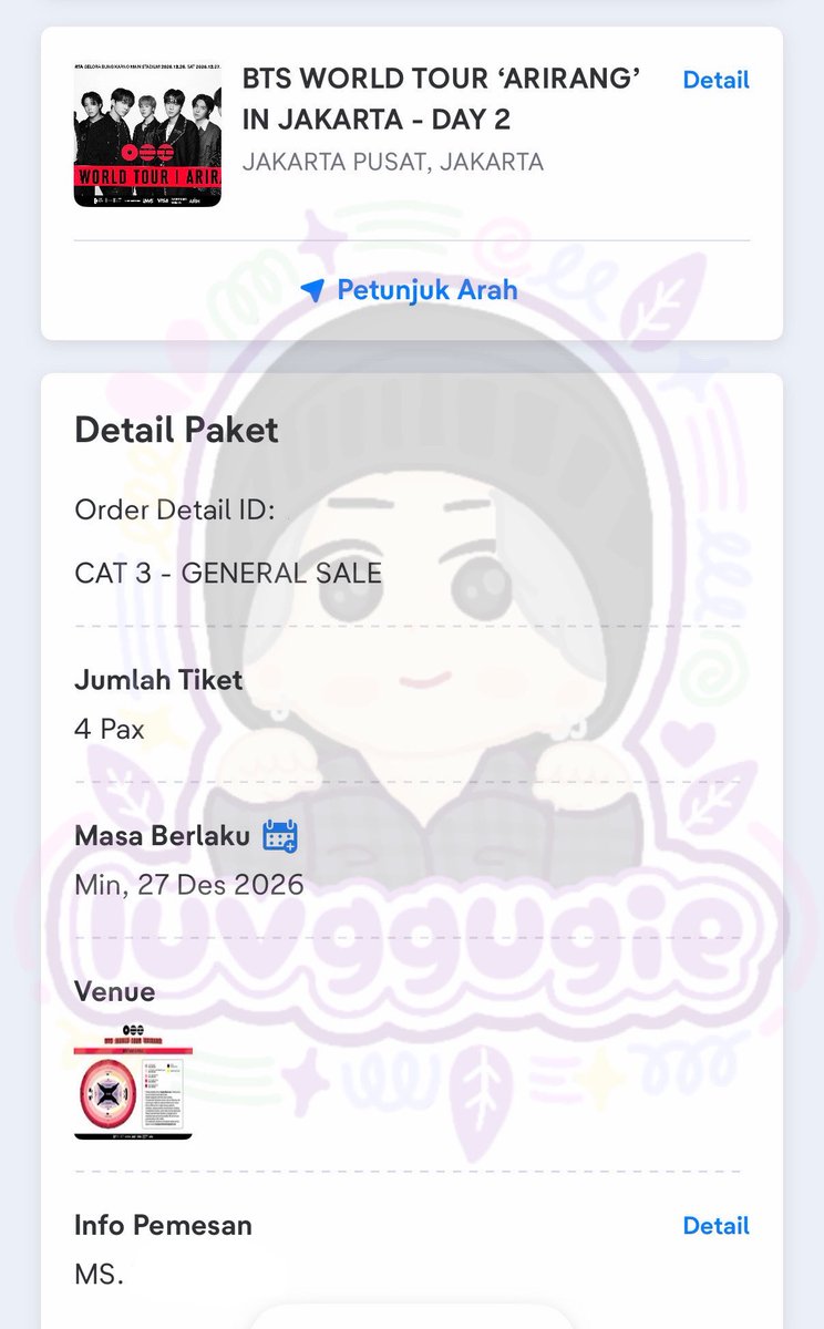 luvggugie's tweet photo. WTS BTS ARIRANG IN JAKARTA DAY 2

🎫 CAT 3 GENSALE - SECURED 12.05 - 3 TIX

✅ prefer fullpayment 
✅ all proof asal serius
✅ diurus sampe wb
📍 bisa COD kota bandung/tasik
‼️ serious buyer only ‼️

— mention after dm —

🏷️ wts tiket bts arirang in jakarta https://t.co/tdd3IEDxmy