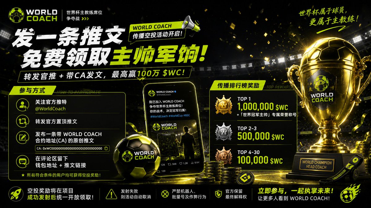 WorldCoach_bsc_'s tweet photo. 🎁全力冲击蝴蝶世界杯主题竞赛前3，赢取1000U官方奖励支持！

 WORLD COACH 世界杯传播空投活动开启！

世界杯已经开始，这一次你不是球迷，而是主教练！

参与方式：

✅ 关注 @WorldCoach
✅ 转发官方置顶推文
✅ 发布一条带 WORLD COACH 合约地址（CA）的原创推文
✅ 评论区留下钱包地址 + 推文链接
所有符合条件的用户均可获得空投奖励。
🏆 额外传播排行榜奖励：
🥉 Top30 传播量
获得 100,000 $WC

🥈 Top3 传播量
获得 500,000 $WC

🥇 传播量第一名
获得 1,000,000 $WC
+「世界冠军主帅」专属荣誉称号

⚠️ 空投奖励将在项目成功发射后统一开放领取
⚠️ 严禁机器人、批量号及作弊行为

🏆 抢主教练席位
💰 分BNB奖励
🎁 开启世界战术包
👑 登顶世界冠军主帅排行榜
世界杯属于球员，
更属于主教练。

#WorldCoach #WorldCup #BSC