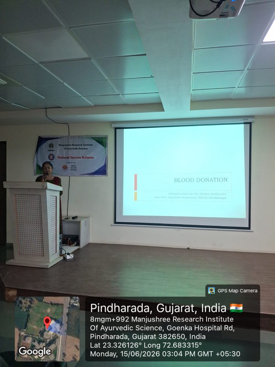 mriasofficial's tweet photo. World Blood Donor Day 2026 was celebrated at MRIAS by Rog Nidan evam Vikriti Vigyan Dept. &amp; NSS. Dhanwantari Pooja, a lecture by Dr. Seema Dhabaliya, skit and elocution inspired awareness on blood donation and social responsibility. #Blooddonation #mrias #ncism https://t.co/hNXPELi8Yf