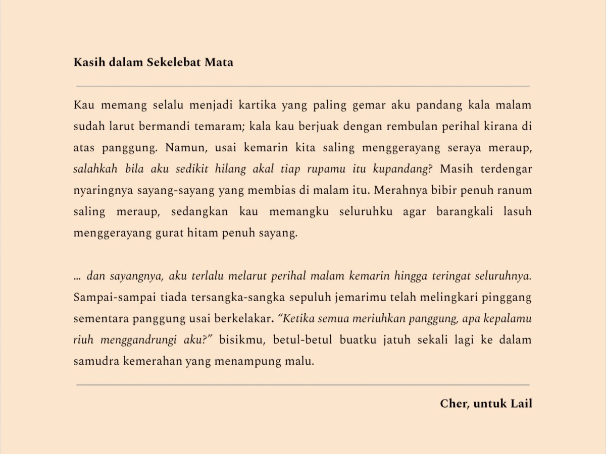 anchofea's tweet photo. ⚓🪶┊#AnchorFeather ― ⋆ ˚ .𖥔 ݁ ˖

alih alih menyaksikan, pikiranku melanglang buana, bernala tentangmu.

writing by © cioricengitis 🤍 https://t.co/lpib3O42Fq